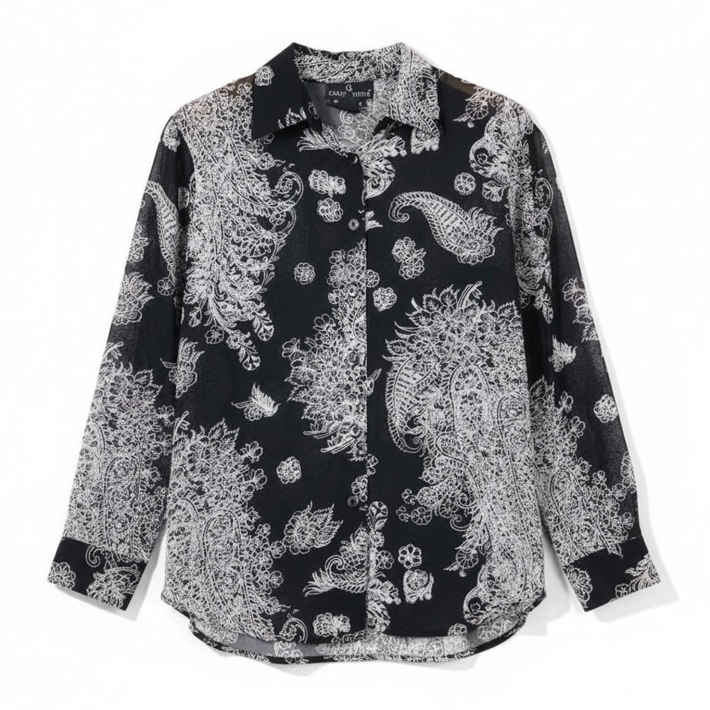 4/$20 Vintage Carole Little Black White Paisley Rayon Button Front Blouse M - Picture 2 of 5